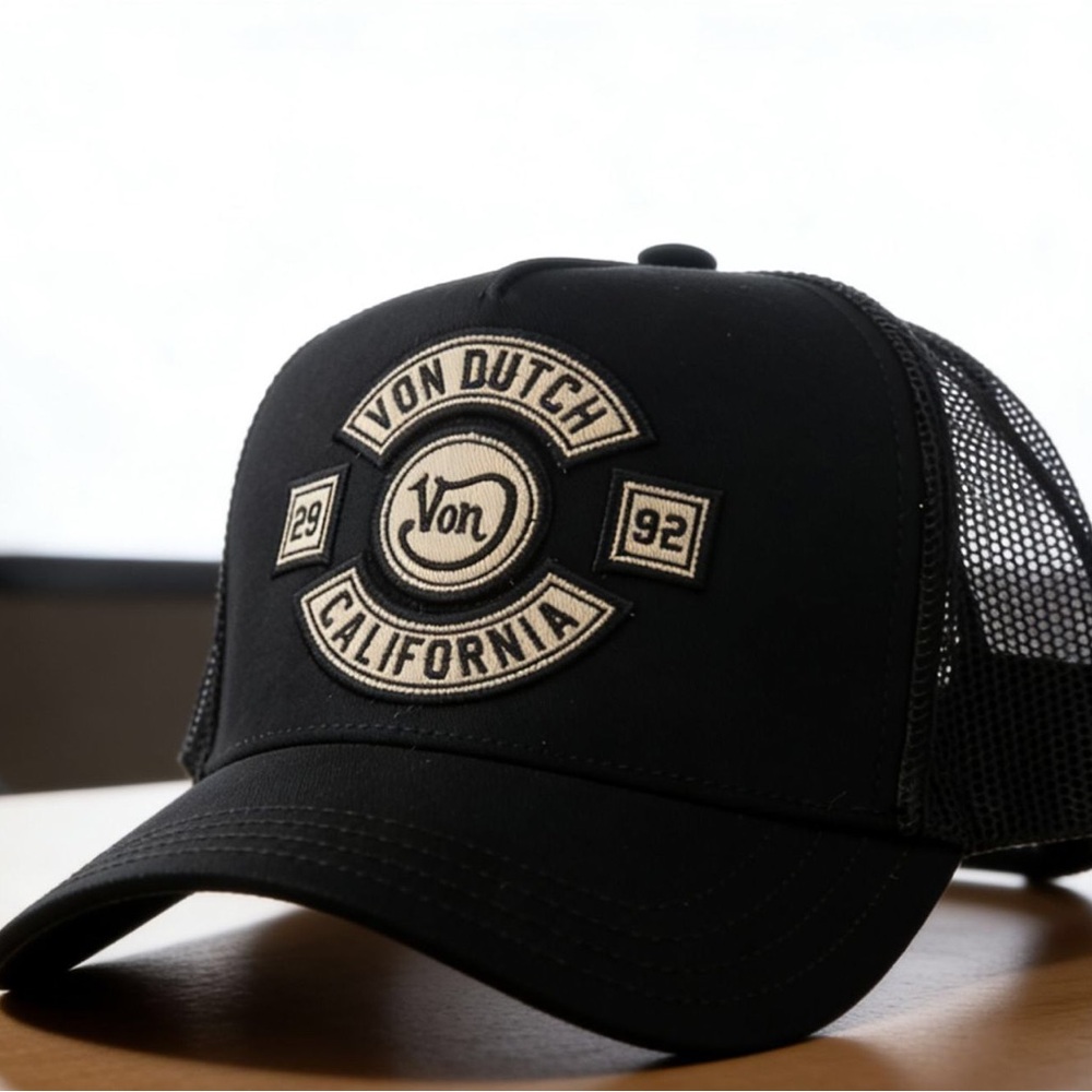 Von Dutch Black and Cream Patch Trucker Cap